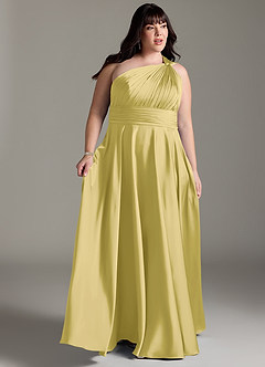 Azazie Charlize Jurken voor bruidsmeisjes Jurk van Stretch Satijn met A-lijn One-shoulder Kanarie image11