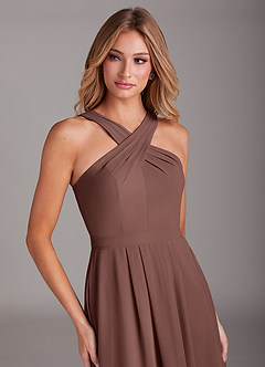 Azazie Dixie Bridesmaid Dresses Espresso A-Line Halter Pleated Chiffon Dress image5