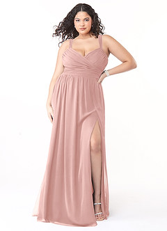 Azazie Aziza Robes de demoiselle d'honneur Robe Trapèze en Mousseline de soie Col V plissé Rose Poudré image7