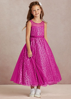 Azazie Siwa Flower Girl Dresses Fuchsia A-Line Beaded Tulle Dress image2