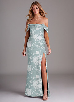 Azazie Saige Bridesmaid Dresses Powder Blue Floral Sheath Off the Shoulder Stretch Satin Dress image3