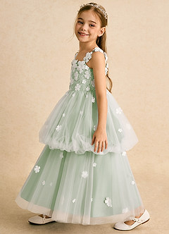 Azazie Teacup Flower Girl Dresses Ivory Dusty Sage Ball-Gown Lace Tulle Dress image3