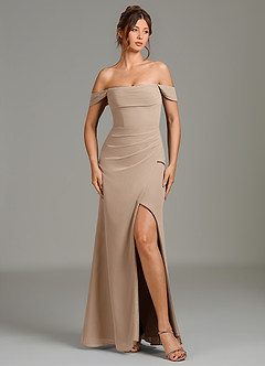 Azazie Jalice Bridesmaid Dresses Taupe Mermaid Off the Shoulder Chiffon Dress image3
