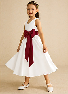 Azazie Darling Flower Girl Dresses Ivory Burgundy A-Line Bow Cotton Dress image3