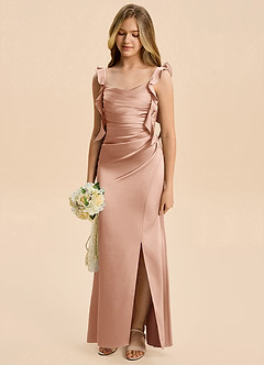 Azazie Jessamine Junior Vestido de Oro Rosa de Satén Elástico de Corte Recto con Volante image6