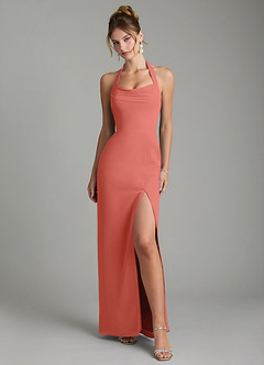 Azazie Arnelle Bridesmaid Dresses Salmon Pink Sheath Pleated Chiffon Dress image1
