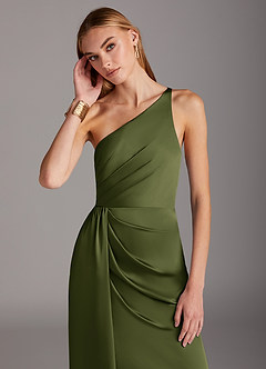 Azazie Mika Jurken voor bruidsmeisjes Jurk van Stretch Satijn met Kolom One-Shoulder Olijf image6