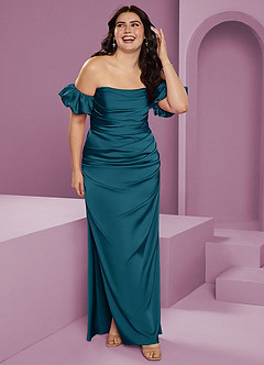 Barbie ♥ Azazie Jurken voor bruidsmeisjes Converteerbaar Jurk van Stretch Satijn met Kolom Off the Shoulder Inkt Blauw image12
