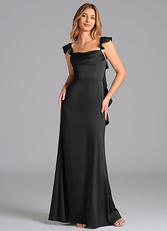 Azazie Adi Bridesmaid Dresses Black A-Line Pleated Stretch Satin Dress image4