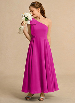 Azazie Guppy Girls Formal Abiti da Ragazza di Fiori Abito A-Line in Chiffon Monospalla Fucsia image5