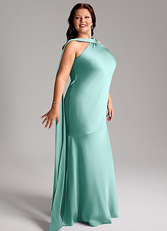 Azazie Kinsley Bridesmaid Dresses Aqua Mermaid Side Slit Stretch Satin Dress image12