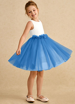 Azazie Louisa Abiti da Ragazza di Fiori Abito A-Line in Tulle Senza Maniche Avorio Ghiandaia Azzurra image3