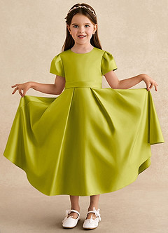 Azazie Princess Flower Girl Dresses Lemongrass A-Line Pleated Matte Satin Dress image3