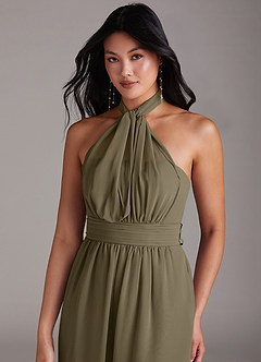 Azazie Lamara Robes de demoiselle d'honneur Combinaison Convertible en Mousseline de soie Épaule décolletée Vert Saule image2