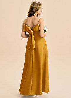 Azazie Isolde Junior Robe Trapèze en Satin extensible Plissée Caramel écossais image1