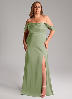 Azazie Saige Bridesmaid Dresses Dusty Sage Sheath Off the Shoulder Stretch Satin Dress image11