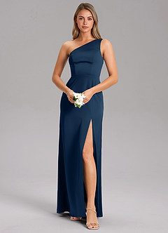 Azazie Feby Jurken voor bruidsmeisjes Jurk van Stretch Satijn met A-Lijn One-Shoulder Donkere Marine image1