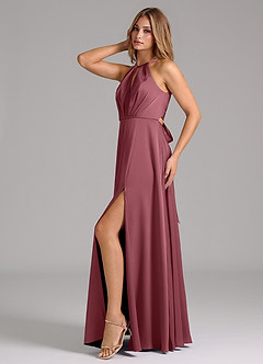 Azazie Evalleen Robes de demoiselle d'honneur Robe Trapèze en Satin extensible Plissée Rose Du Désert image4