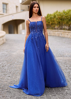 Veila Royal Blue Applique Tulle Prom Dress image4