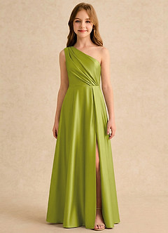 Azazie Puddles Girls Formal Robe Demoiselle D'honneur Fillette Robe Trapèze en Satin extensible Une épaule Citronnelle image6