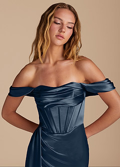 Azazie Amyra Brudtärnklänningar Klänning av Sjöjungfru i Metallisk satin Sweetheart halsringning Mörk Marinblå Konvertibel image7