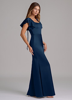 Azazie Elkie Robes de demoiselle d'honneur Robe Sirène en Satin extensible Col Carré Bleu Marine Foncé image3