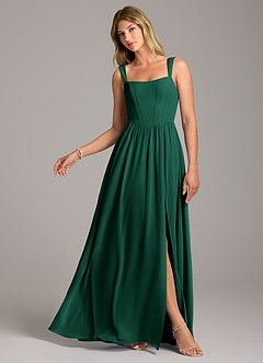 Azazie Rosaline Bridesmaid Dresses Emerald A-Line Side Slit Chiffon Dress image1