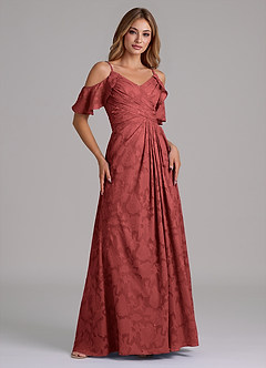 Azazie Dakota Bridesmaid Dresses Terracotta A-Line Off the Shoulder Floral Burnout Dress image4
