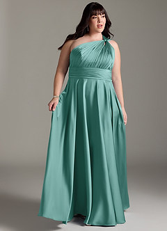 Azazie Charlize Bridesmaid Dresses Aqua A-Line One Shoulder Stretch Satin Dress image3