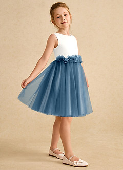 Azazie Louisa Blumenmädchenkleider A-Linie ärmellos Tüll Kleid Elfenbein Bermudablau image5