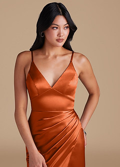 Azazie Shania Bridesmaid Dresses Burnt Orange Sheath Pleated Metallic Satin Dress image3