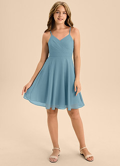 Azazie Avelina Junior Moody Blue A-Line Pleated Chiffon Dress image1