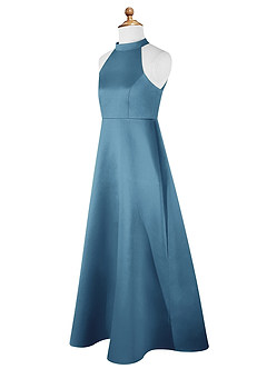 Azazie Laurel Junior Steel Blue A-Line Matte Satin Dress image8