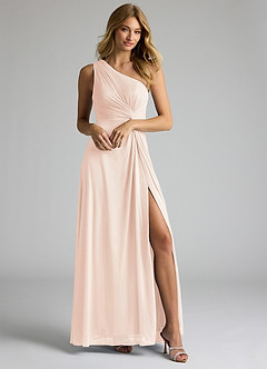 Azazie Brooke Bridesmaid Dresses Blushing Pink A-Line One Shoulder Mesh Dress image1