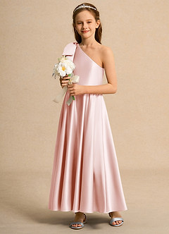 Azazie Guppy Junior Formal vestidos de niña de las flores Vestido de Rosa Rubor de Satin Mate de Corte En A con Hombro unilateral image5