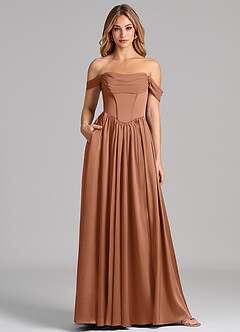 Azazie Raisa 신부 들러리 드레스 A라인 오프 더 숄더 스트레치 새틴 바닥 길이 드레스 image1