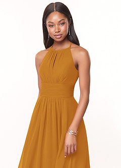 Azazie Bonnie Bridesmaid Dresses Butterscotch A-Line Keyhole Ruched Chiffon Dress image5