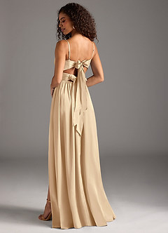 Azazie Zeya Bridesmaid Dresses Champagne A-Line Pleated Stretch Satin Dress image1