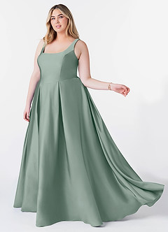 Azazie Neve Bridesmaid Dresses Silver Sage Ball-Gown with Pockets Stretch Satin Dress image9