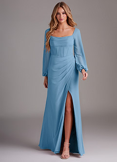 Azazie Charissa Bridesmaid Dresses Steel Blue Sheath Long Sleeve Chiffon Dress image3