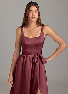 Azazie Elliott Bridesmaid Dresses Merlot A-Line with Pockets Stretch Satin Dress image2