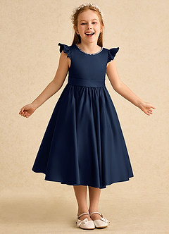 Azazie Dumpling Flower Girl Dresses Dark Navy A-Line Bow Matte Satin Dress image2