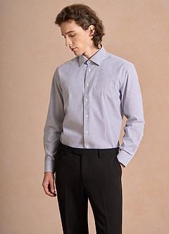 front Aiden Brushed Denim Blue 100% Cotton Non-Iron Striped Dress Shirt