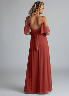 Azazie Fiena Final Sale Terracotta A-Line V-neck Ruched Mesh Dress image3