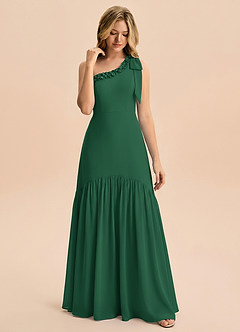 Azazie Yana Junior Vestido Verde Oscuro de Gasa de Corte Recto con Lazo image4