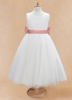 Azazie Kavi Blumenmädchenkleider A-Linie Schleifen Matte Satin Kleid Elfenbein Altrosa image7