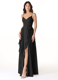 Azazie Peyton Robes de demoiselle d'honneur Robe Trapèze en Mousseline de soie Rayé Noir image1