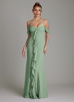 Azazie Karmela Bridesmaid Dresses Matcha A-Line Off the Shoulder Chiffon Dress image4