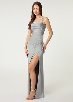 Azazie Desi Bridesmaid Dresses Silver Sheath Halter Corset Stretch Satin Dress image4