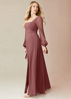 Azazie Leonia Robes de demoiselle d'honneur Robe Trapèze en Mousseline de soie Manche longue Rose Du Désert image4